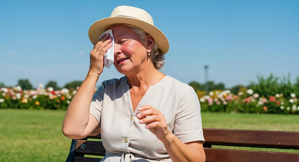 Climate change travel older woman wiping her forehead in the heat