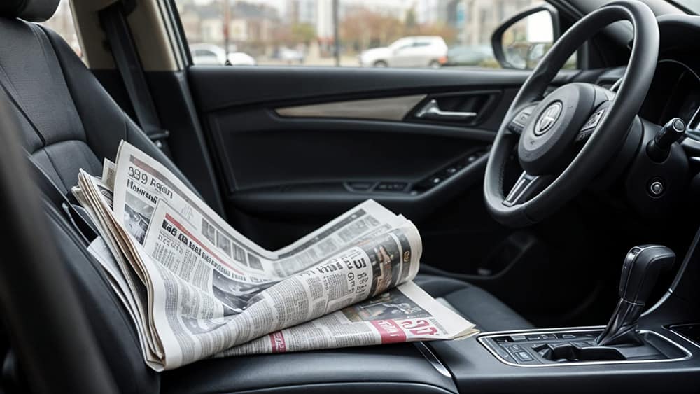 Theft from Rental Cars newspaper on a car seat