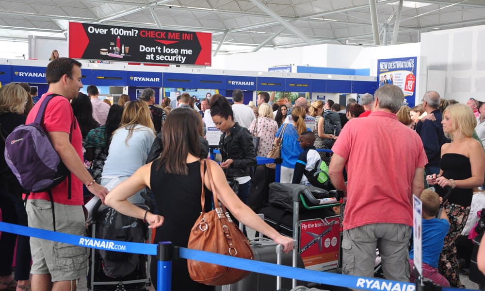 The overcrowded Ryanair bag drop lanes at Stansted airport