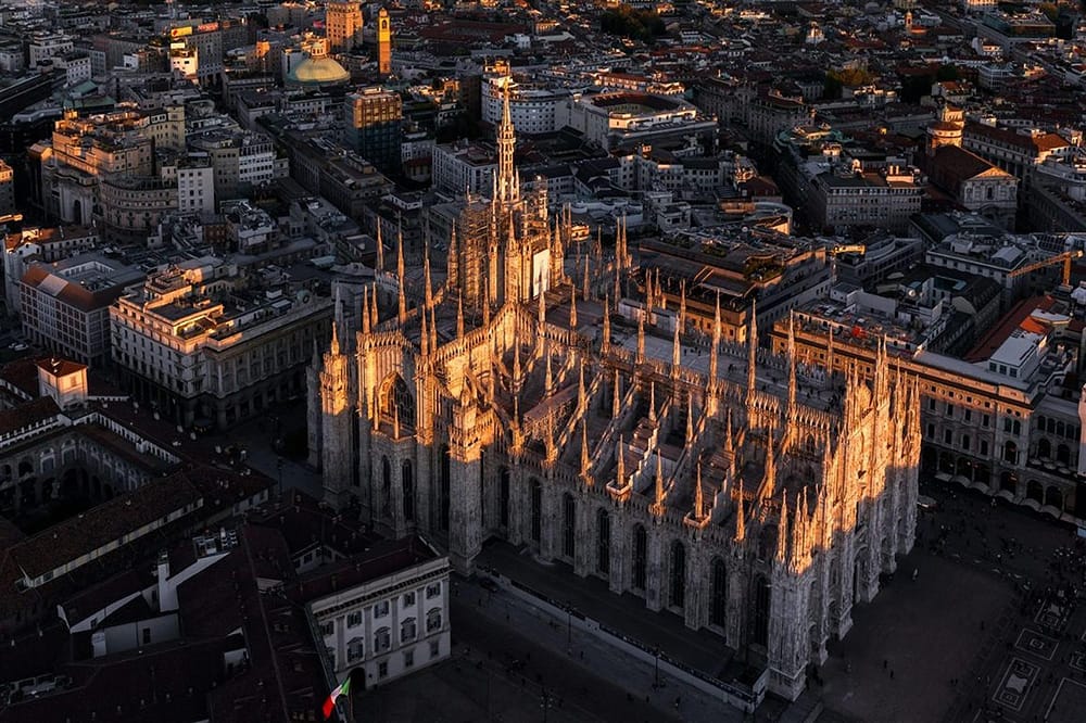 International train travel Aerial view of Milan cathedral