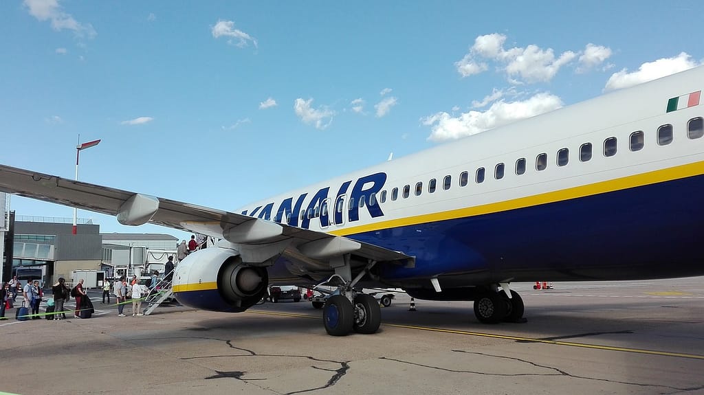 Ryanair boarding passengers on to an aircraft