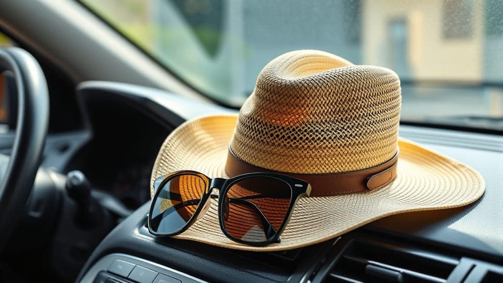 Theft from Rental Cars sun hat and sunglasses on car dashboard. AI