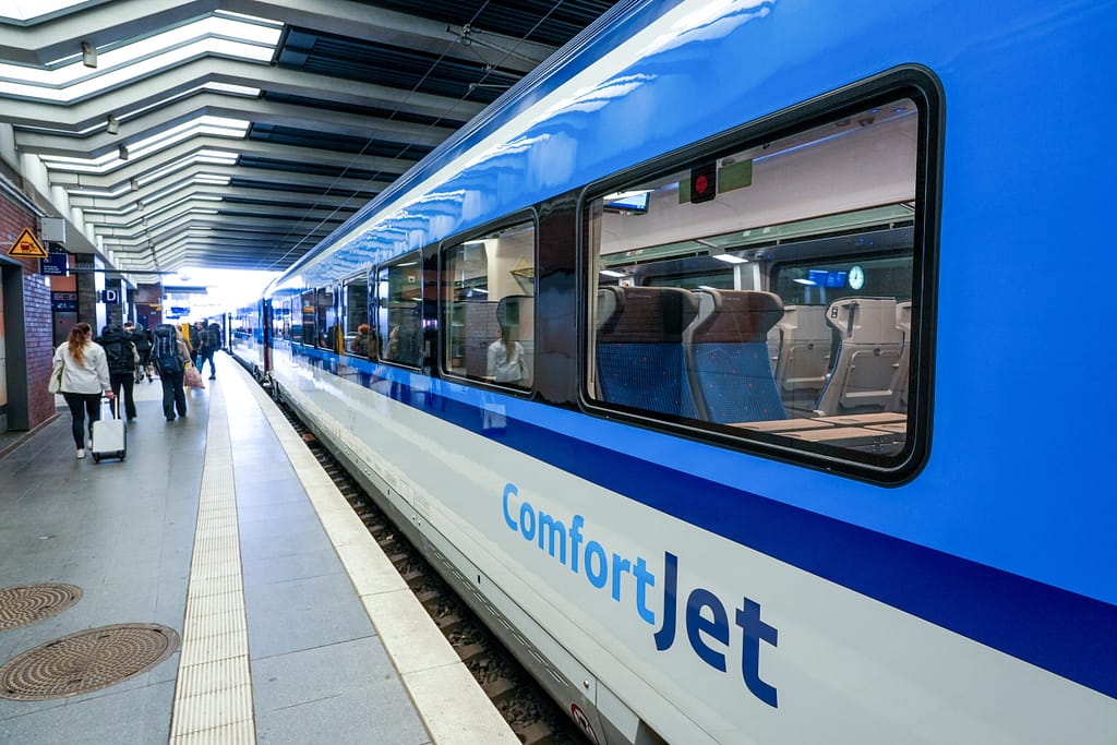European train travel Comfortjet rolling stock at platform Czech Railways